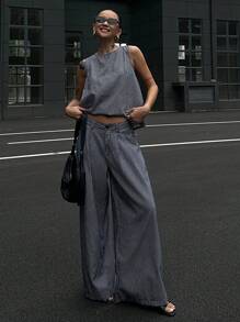 DAZY 2pcs Women's Summer Round Neck Sleeveless Denim Top With Back Tie And Loose Casual Denim Pants Set, Teenage Girls Vacation Style