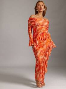 Hauture Đầm thời trang trễ vai in họa tiết nhuộm loang tay dài xẻ gấu bất đối xứng cỡ lớn cho nữ - Nhiều màu - Xem 3