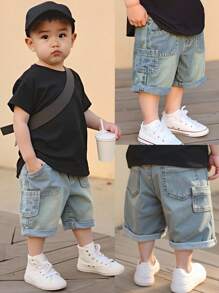 Baby Boy Y2K Vintage Wash Wide Leg Loose Denim Shorts,Black And White,Summer,Casual,City Break Comfortable Fashionable Daily Wear Boys Summer Shorts - Medium Wash - View 4