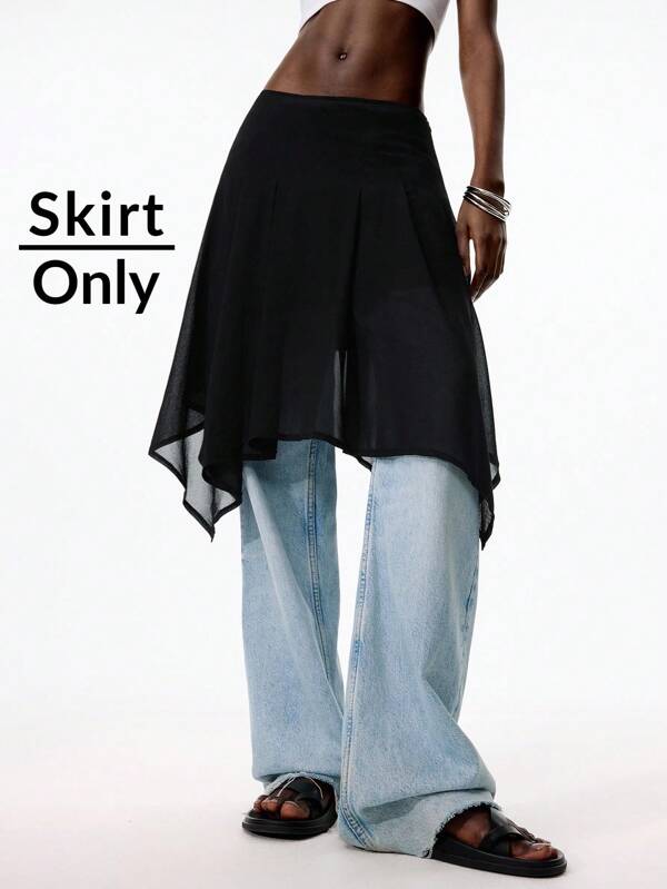 LYSMO 2025 New Arrival Layered Fashion Black Sheer Chiffon See-Through Asymmetric Hem Solid Color Skirt. Only Skirt Included. Sheer And Elegant, Avant-Garde And Bold