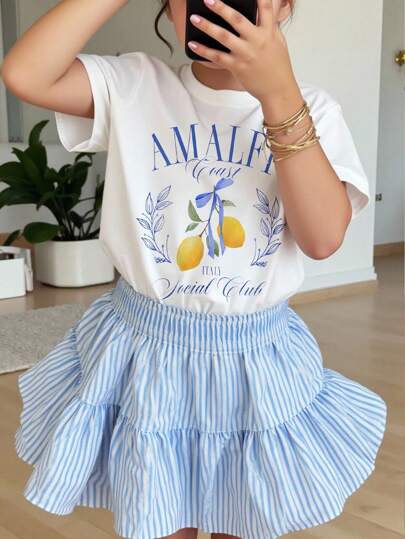 SHEIN Camiseta de manga corta informal con estampado de lazo, limón, bailarina y patrones casuales, adecuada para verano y vacaciones, que combina con la camiseta gráfica de la de Amalfi para la familia