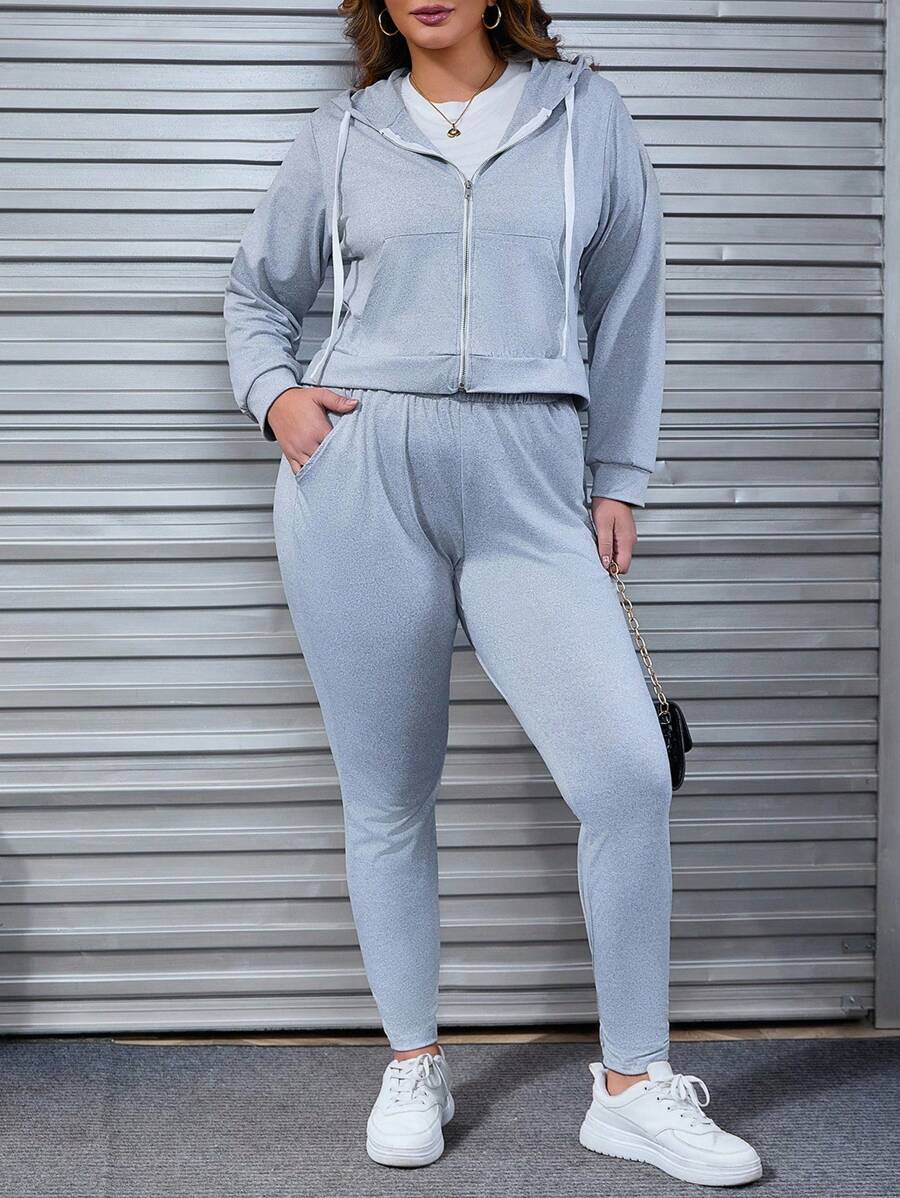 INAWLY Plus Size Women Casual Autumn/Winter Letter Print Hooded Zipper Pocket Sweatshirt Jacket - Grey - View 1