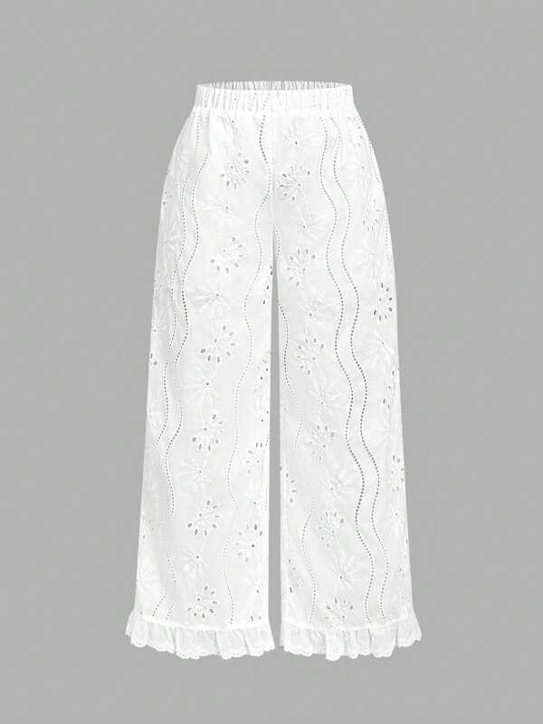 SHEIN MOD Plus Size Women's New Design Hollow Embroidery Elastic Waist Floral Hem Splice Casual Pants, Summer