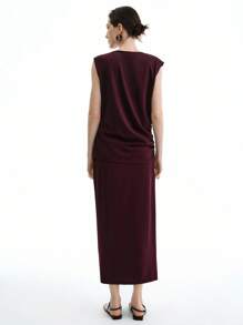 Aalyst 2件套女士夏季简约优雅纯色酒红色褶饰上衣和裤子套装