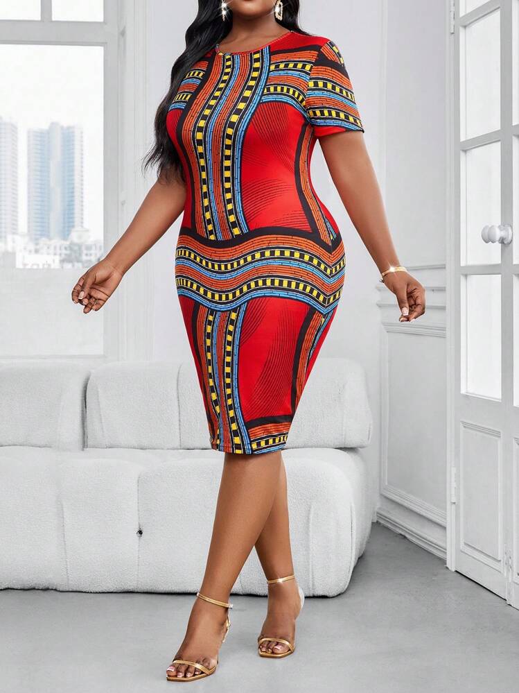 SHEIN Lady Váy ôm sát cổ tròn dệt kim nhiều màu sắc phong cách Boho thanh lịch mùa xuân và mùa hè, váy midi tay ngắn cỡ lớn, váy thanh lịch cho phụ nữ, trang phục sang trọng - Nhiều màu - Xem 4