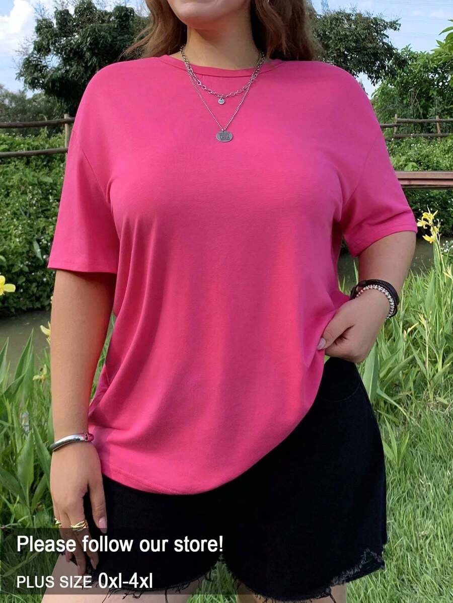 SHEIN EZwear 大码纯色落肩 T 恤 - 玫紅色 - 查看 1