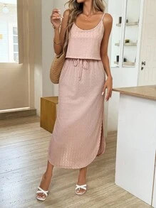 SHEIN LUNE 女式夏季休闲度假纯色纹理面料抽绳腰高开衩吊带裙 - 粉色 - 查看 9