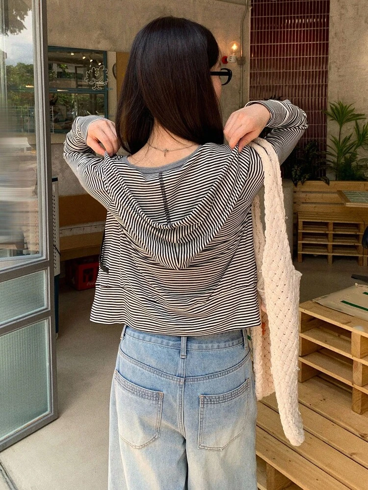 Women Striped Design Casual Long Sleeve Hoodie T-Shirt