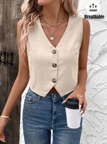 SHEIN LUNE Office Lady V-Neck Solid Color Single Breasted Vest Shirt For Women