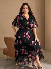 SHEIN Clasi Plus Size Women Floral Print Mesh Sleeve Crossed Wrap Elegant Dress Floral Dress Women Elegant Wrap Dresses For Women Floral Wrap Dress Rose Print Dress Black Floral Dress Fall Clothes Plus Size Fall Outfits Back To School Homecoming Country Concert Outfit Country Outfits Women Modest Dresses For Women Modest Old Money Wedding Guest Dress Women Dress For Wedding Guest Mother Of The Bride Dresses For Wedding Formal Dresses For Wedding Guest Dress For Wedding Birthday Dresses For Women Birthday Outfit Boho Fairycore - Multicolor - View 7