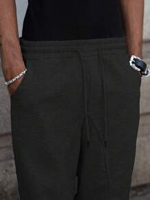 PAVTROS 青年男士拼接街头风格纯色抽绳腰部宽松休闲运动裤 - 黑色 - 查看 3