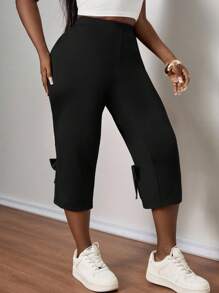 SHEIN PETITE CURVE Plus Size Women's Black 7/8 Length Casual Pants With Bow Decor Black Capri Pants Capri Pants For Women Womens Capris Pants Ruffle Pants Bow Pants, Suitable For People Of Shorter Stature