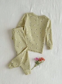 Loomiva Baby Girl  Tight Fit PajamaFloral Print Knit Snug Fit Pajamas - Soft Round Neck Long Sleeve Top And Elastic Waist Tight Pants 2Pcs Set Fall Winter