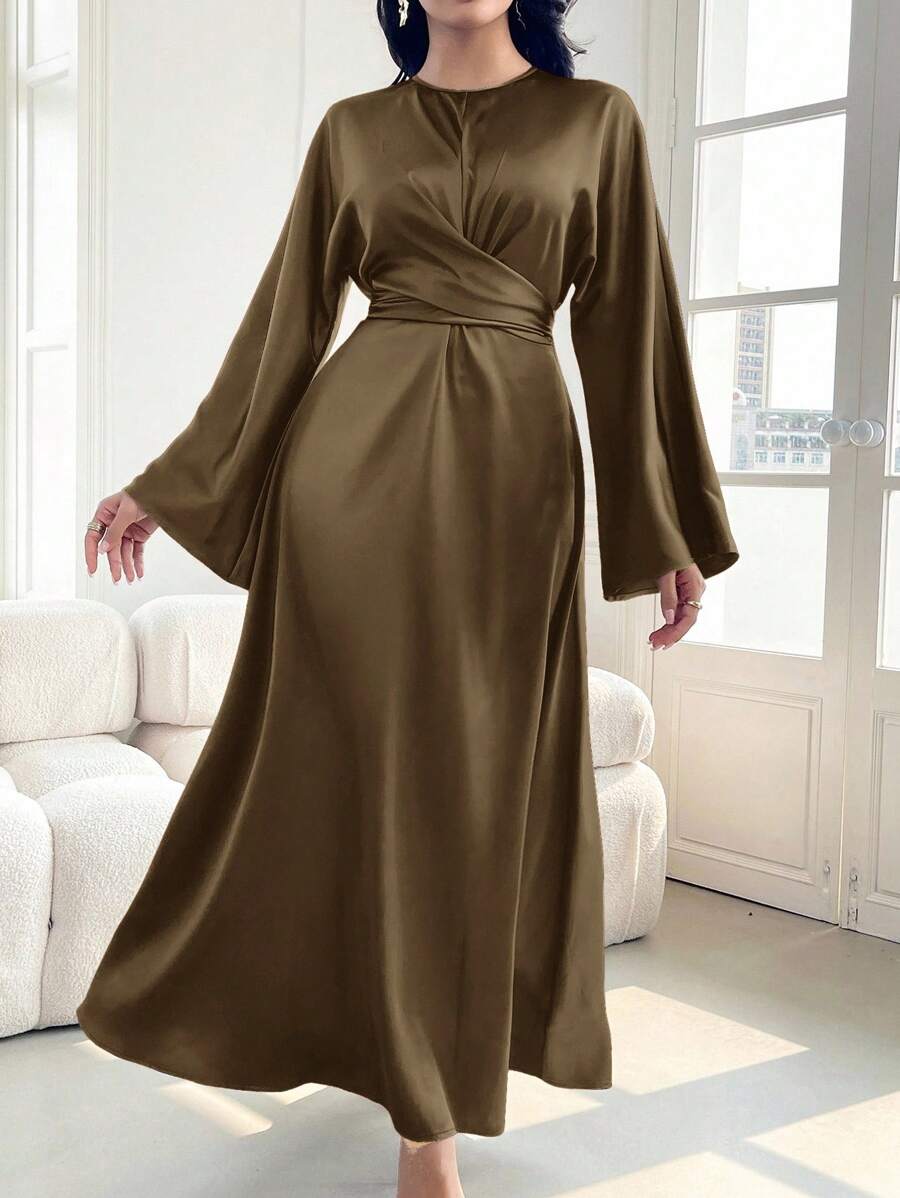 Modelyn 勃艮第红女士纯色缎面优雅束腰连衣裙，优雅晚会礼服长款晚礼服