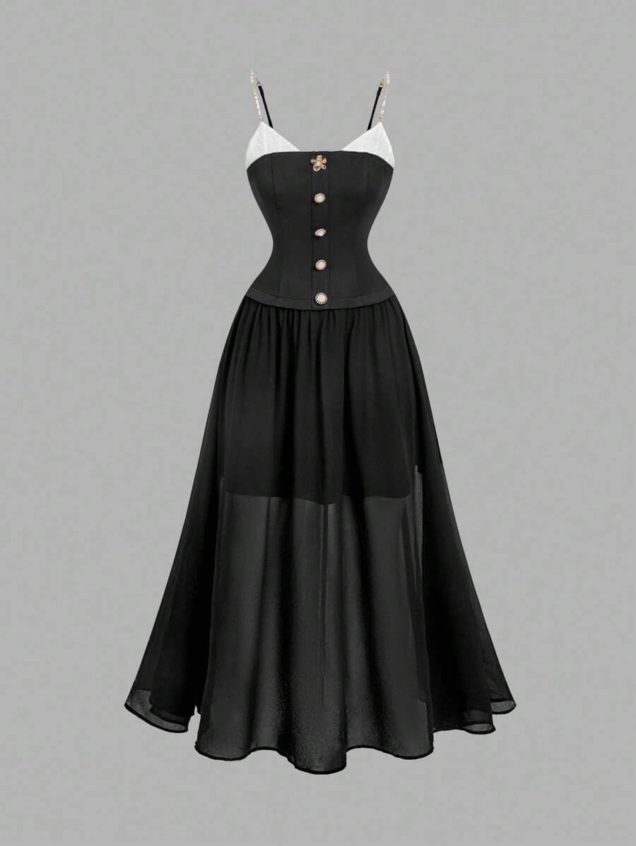 SHEIN MOD Women's Button Decor Waisted Elegant Strap Super Long Dress ...