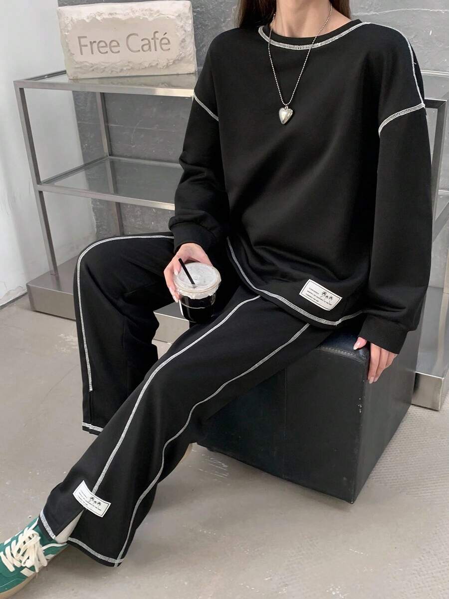 SHEIN 少女撞色针织宽松卫衣和阔腿裤两件套,开衩设计,休闲街头风开学装 - 黑色 - 查看 1