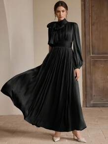 Anewsta Women's Long Dress With Waist Pleats, Shiny And Elegant, Versatile For Spring And Autumn