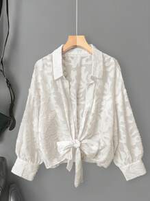 SHEIN LUNE Plus Size Women Jacquard Long Sleeve Loose Casual Shirt Summer Outfits For Women Vacation Outfits Women Summer Outfits For Women Summer Clothes European Summer - White - View 1