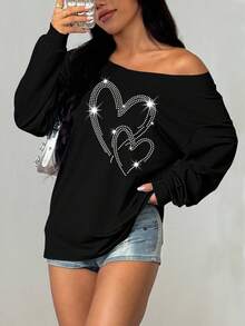 INAWLY Hjärtmönster med diamantmönster och långärmad axelbandslös grafik för kvinnor - Svart - Visa 3