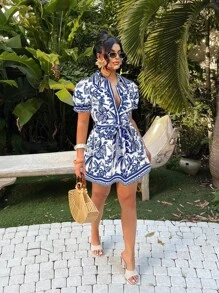 SHEIN SXY 度假休闲波西米亚热带印花 A 字迷你连衣裙 - 藍色 - 查看 5