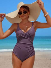 Shapewave Women's Sexy Adjustable Strap One-Piece Swimsuit With Removable Padded Bra Tummy Control Push Up Swimsuit Vacation For Summer - Mauve Purple - View 5