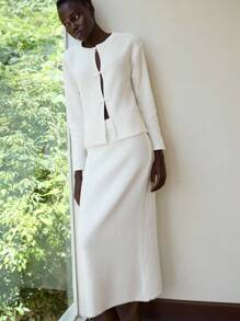 Lumivelle Women's Autumn Chinese Style Button-Up White Loose Cardigan Sweater Top & Fitted Skirt 2 Pieces Set