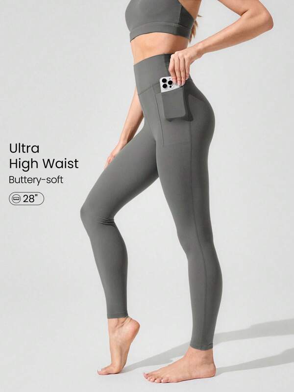 GLOWMODE 28" FeatherFit™ Sweat Slayer Stretchy Sweat-Wicking No Inner Seam Ultra High-Rise Waist Leggings With Side Pockets Low-Impact Yoga Pilates Barre Studio Daily Casual Wear Fall Winter