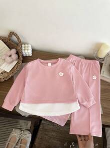 LMoss Kids LMoss 2 Pieces Set Baby Girls Knit Color Block Sweatshirt & Pants,Cute Pink Flower Long Sleeve Tops & Bottoms Autumn Family Matching Girl Clothes Sets - Pink - View 5