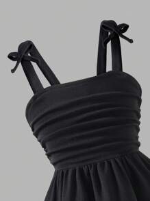 Elladie kids Girls Elegant Solid Color 3D Bow Pleated Shoulder Strap Cami Dress, Fashion Spring/Summer New Party/Occasion Wear Summer Holiday - Black - View 6