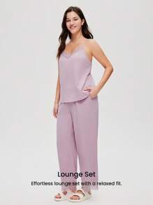 LUVLETTE Summer Women Breathable 100% Pure Cotton Purple Lace Elegance Trim V-Neck Camisole Top & Pants Airy Loungewear Pajama Set Cotton Pajamas - Purple - View 6