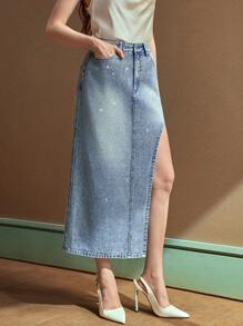 SHEIN EZwear 女式新款水钻高开衩修身优雅牛仔裙，适合所有季节 - 藍色 - 查看 5