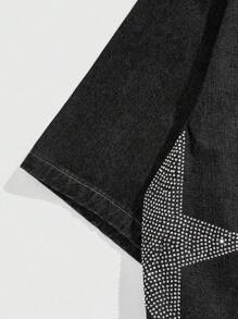 ROMWE MEN Street Life Camisa vaquera de hombre con decoración de estrella de cinco puntas con pedrería - Negro - Ver 4