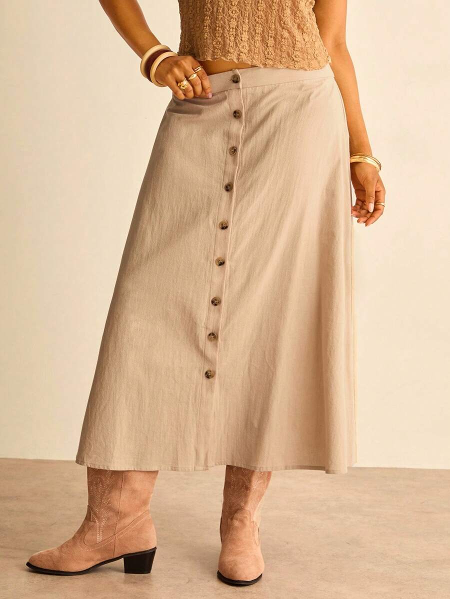 SHEIN VCAY Große Größen einfarbiger Knopf-Vorderseite Lässig Urlaubs-Rock, Khaki-Rock, Cowgirl-Rock, asymmetrischer Rock, Knopf-Down-Rock, Rückkehr zur Schule Herbst Lehrerin Schule Lehrerin Country Konzert Western Boho Rave Vintage 2000er Jahre Stil Herbst Große Größen Country Old Money Bohemian Lässig Herbst - Aprikosenfarben - Übersicht 1