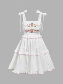 SHEIN MOD Plus Size Women Floral Print Short A-Line Cake Skirt, Cute Embroidery Layered Ruffle Hem Dress, Tie Bow Sash, - White - View 1