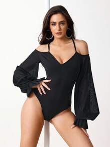 Menodora SHEIN Sport 女式纯色露肩灯笼袖连体裤