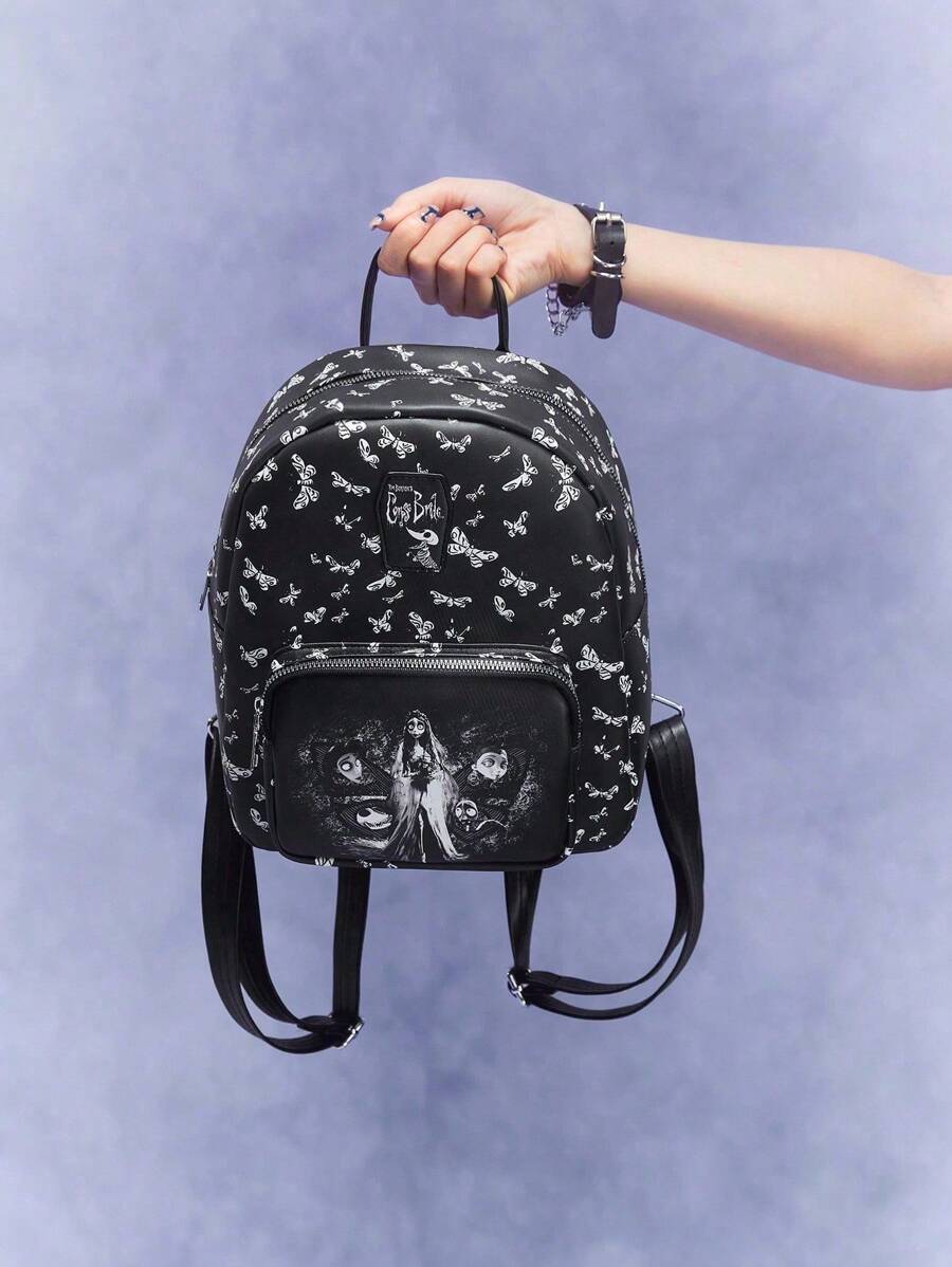 Corpse Bride | ROMWE Mochila de moda negra con patrón de mariposa y novia