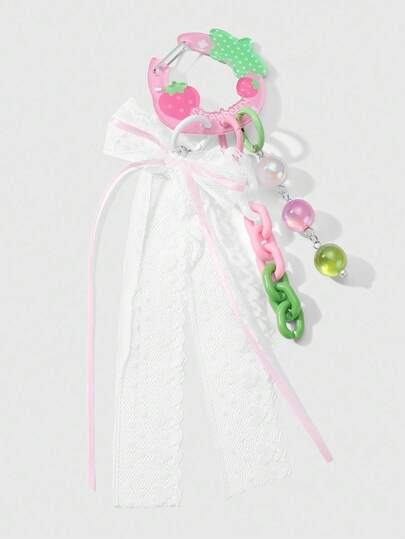 Kawaii 1pc Sweet & Elegant Acrylic Hollow Strawberry Decor Chain, Multi-Color Rhinestone Cat Eye, Mesh Ribbon Bow, Suitable For Women/Girls, Daily Wear Or Festival Gift, Comes With Phone Holder