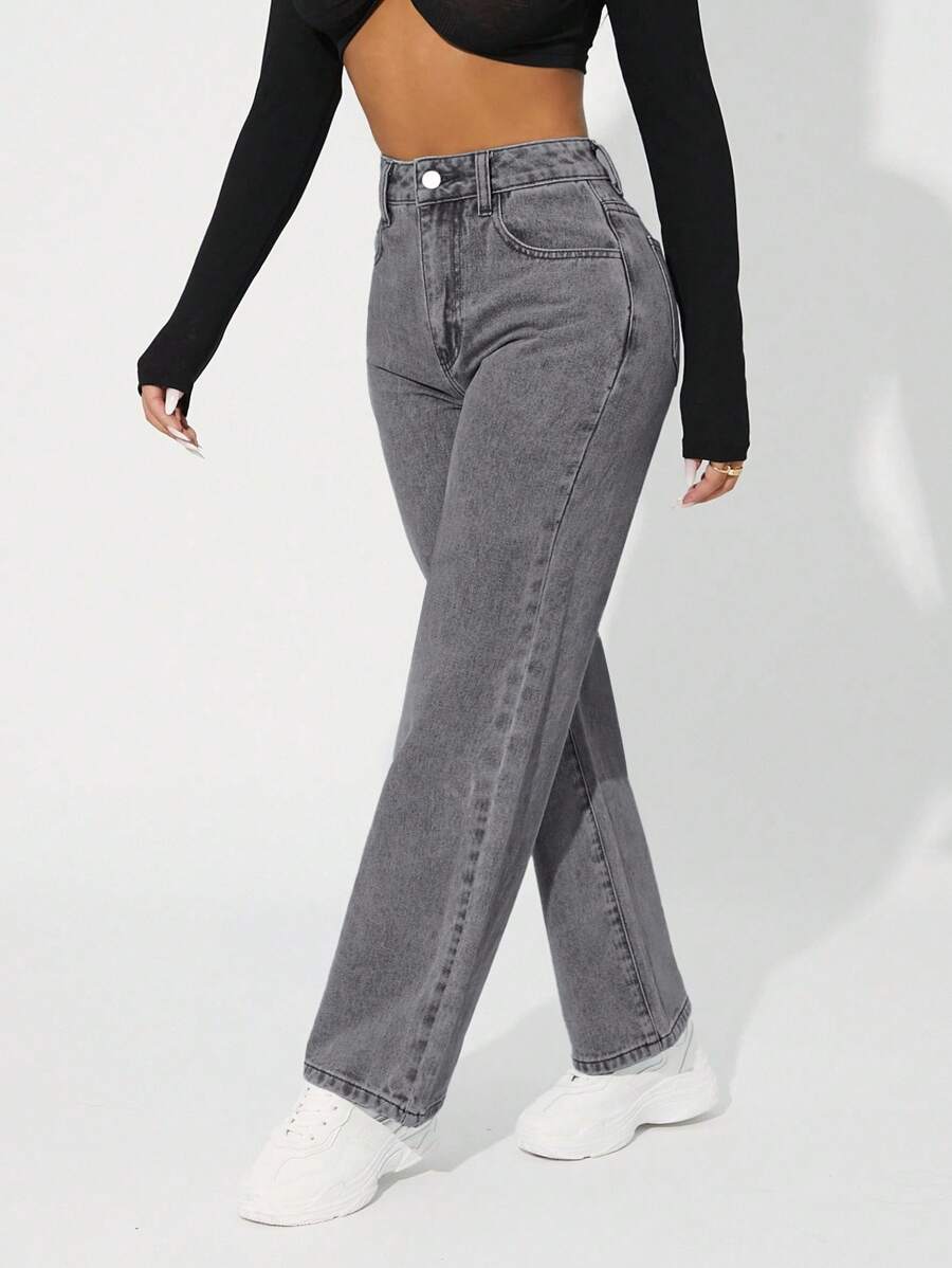 SHEIN PETITE High Waist Straight Leg Slant Pocket Casual Jeans - Grey - View 1