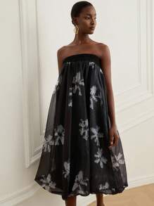 GENKIRA Váy Maxi Maxi Không Dây Voan Organza Hoa Ngẫu Nhiên Lấy Cảm Hứng Từ Đêm Đầy Sao, Váy Xòe Xòe Mây Trắng Lấp Lánh, Trang Phục Thanh Lịch Cho Tiệc Tối & Tiệc Tối - Đen và trắng - Xem 3
