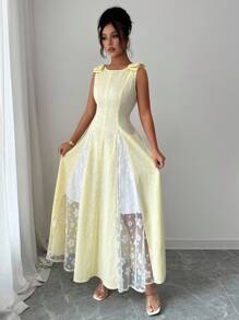 Selianne Women's Buttercream Sleeveless Lemon Yellow Dress With Bow,Elegant Lace Splice White And Yellow,Summer,Elegant,Tea Party Dress For Independence Day - Yellow - View 5