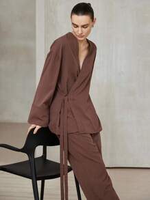 Aveloria Modichic 2pcs Set Solid Color Kimono Style V-Neck Bowknot Tie Side Long Sleeve Top And Pants Fall Cloth For Women