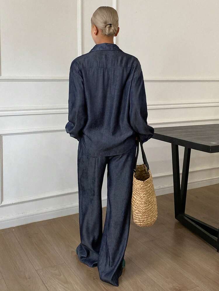 2pcs Women's Simple Loose Solid Color Front Button Long Sleeve Shirt & Pants Set Lounge Sets For Women