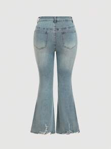 SHEIN MOD Plus Size Light Blue Summer Kawaii Night Out Club Acid Wash Rhinestone Embellished Flare Jeans,Retro Elastic Tight Flared Pants,Country Concert,Rave - Medium Wash - View 3