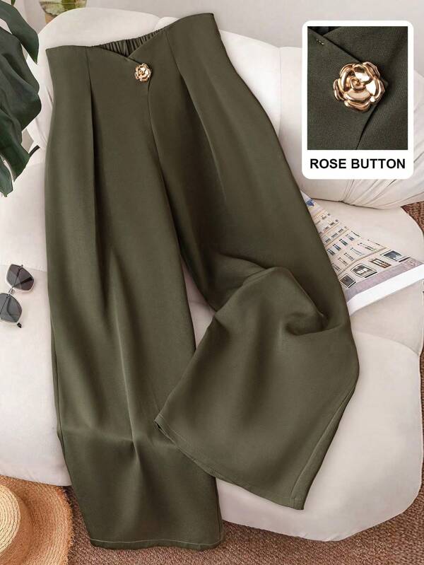 Regalyn Damen Große Größen Büro Elegant 3D Blumen Pferd Dekorative Knopf Weste Blazer & Hose, Business Stil