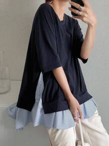 FRIFUL Women Crew Neck Loose Striped T-Shirt With Faux Layered Flounce Hem & Side Slit, Casual Streetwear, Spring/Summer Asymmetrical Top Navy Blue Top Striped Top Half Sleeve Top Layered Top