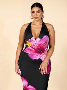 SHEIN BAE Plus Size Women's Summer Elegant Resort Date Floral Printed Stretch Mesh Halter Neck Dress,Birthday Dresses For Women,Back To School Girls Clothes,Girls Summer Outfits,Fall Clothes,School Clothes,Halloween,Winter,Y2k Clothes ,Vintage,Vacation Outfits Woman,Plus Size Women Clothes,Summer Dresses For Women,Wedding Guest Dress Women - Pink - View 4