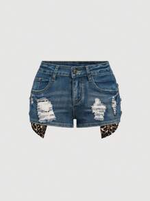 ROMWE J-Fashion Y2K 原宿辣妹千禧性感低腰豹纹复古紧身超低腰女式牛仔短裤 - 藍色 - 查看 3