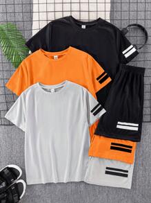 SHEIN 6pcs/Set Teen Boys Casual Short Sleeve T-Shirt & Shorts Set, Sports Outfit, Street, Punk Rock, School Style, Suitable For Spring/Summer, Daily Wear, Party, Music Festival, Blue, Black, Gray