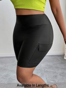 SHEIN PETITE CURVE Pantalones informales de calle, con bolsillos tridimensionales, cintura ancha, ajuste ceñido, pantalones de ciclismo, shorts elásticos de cuero tejido para mujeres, para el verano, adecuados para personas de estatura talla grande baja - Negro - Ver 7