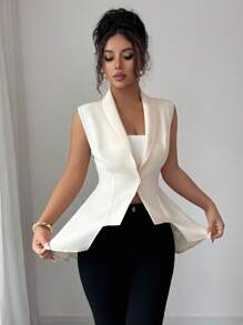 Elenzga Áo khoác không tay cổ chữ V màu mơ thắt eo thiết kế viền bất đối xứng cho nữ - Màu be - Xem 4